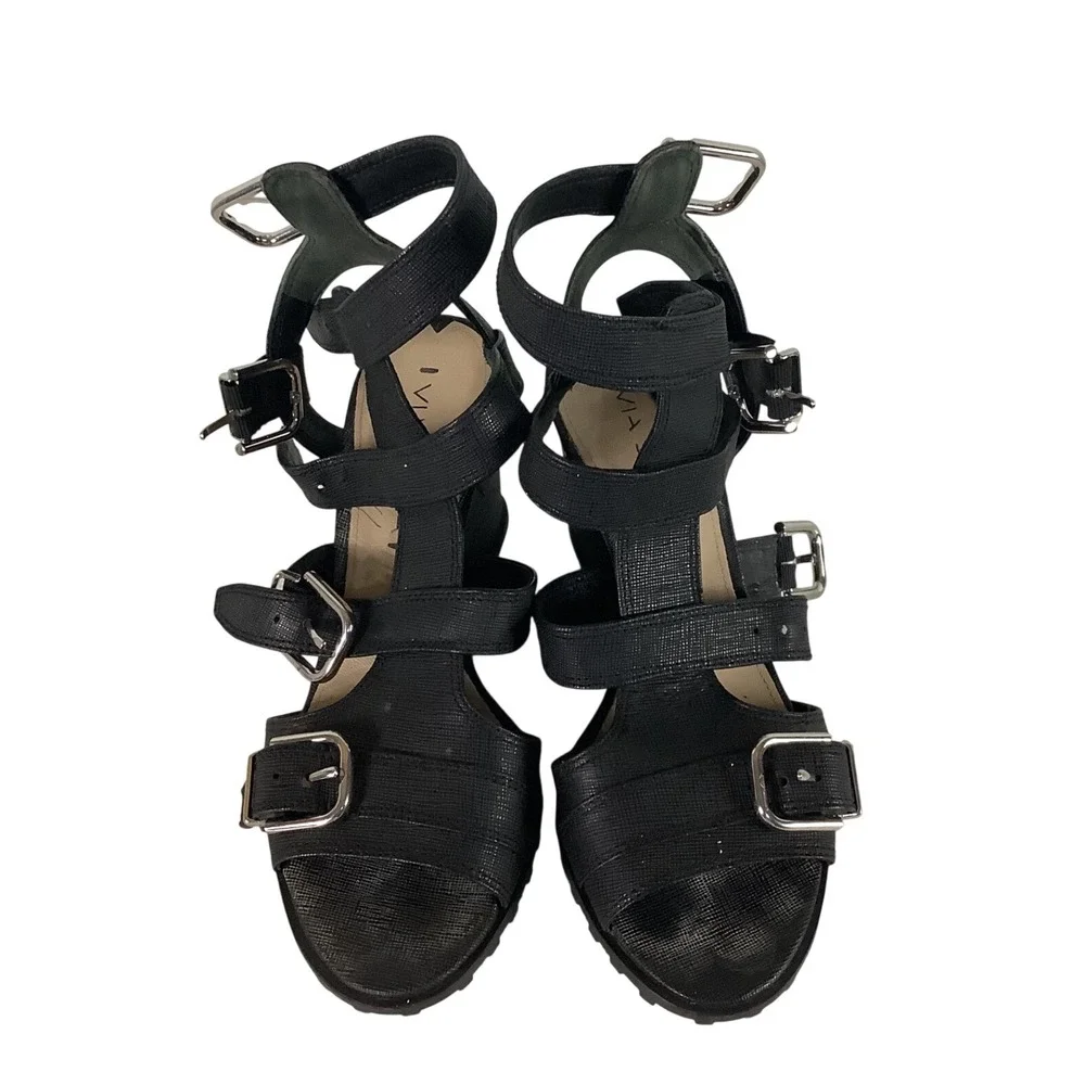 Via Spiga Black Strappy Buckle Wedge Sandals Lug Sole Gladiator Heels Size 6.5